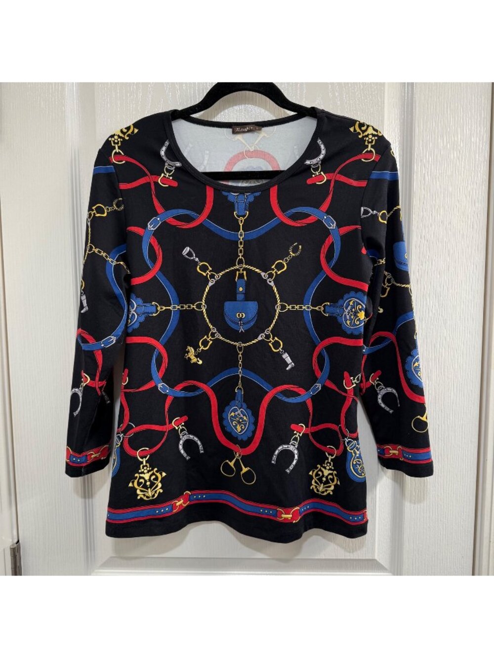 J McLaughlin Knit Catalina Cloth Navy Gold Red Equestrian Print Top Sz L